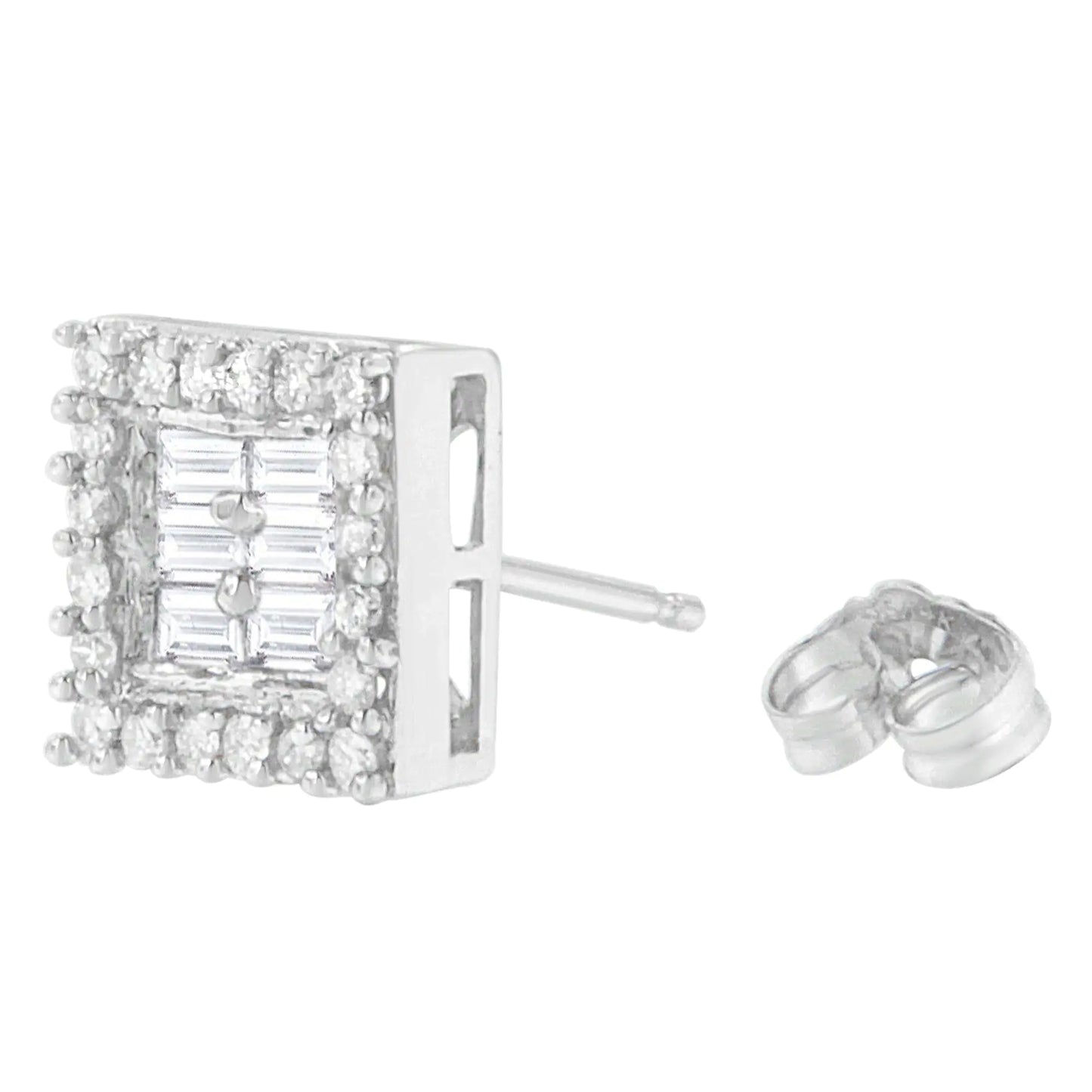 14K White Gold 1 cttw Round and Baguette Diamond Stud Earrings (H-I, SI1-SI2)