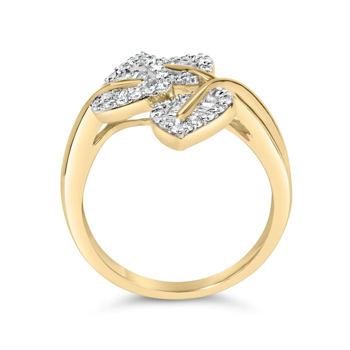 18K Yellow and White Gold Plated .925 Sterling Silver 3/8 Cttw Baguette and Round Diamond Bypass Triple Leaf Ring (I-J Color, I1-I2 Clarity)