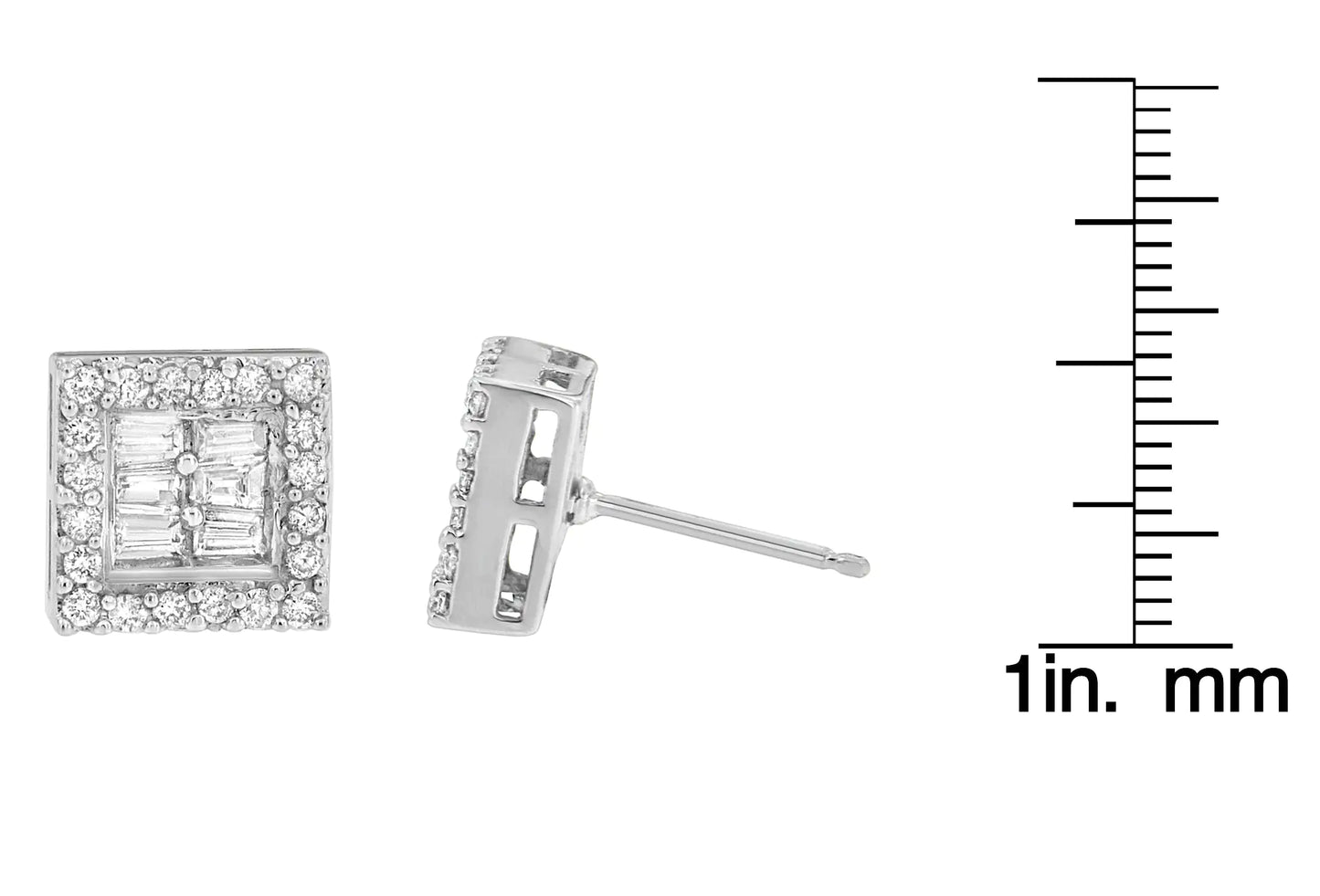 14K White Gold 1 cttw Round and Baguette Diamond Stud Earrings (H-I, SI1-SI2)