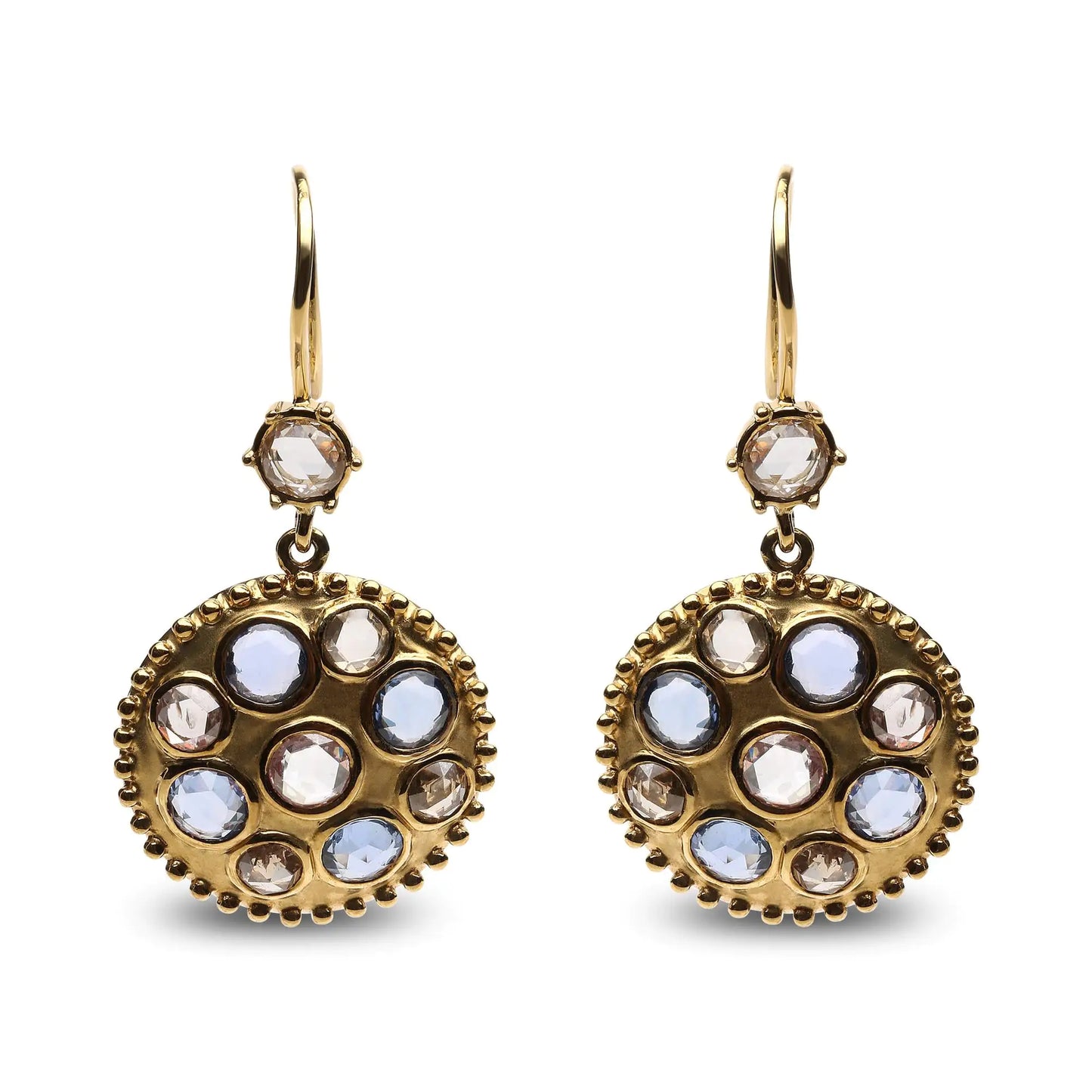 18K Yellow Gold 1 2/3 Cttw Diamond and Blue Sapphire Bezel Set Gemstone Cluster Medallion Dangle Earrings (Brown and G-H Color, SI1-SI2 Clarity)