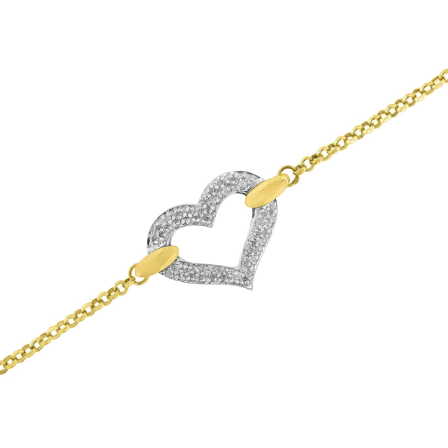 10K Two Tone Gold 1/4 Cttw Diamond Encrusted Heart Charm 7" Bracelet (H-I Color, I1-I2 Clarity)