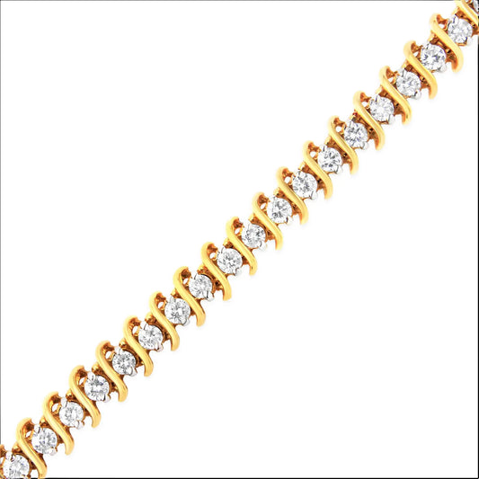 AGS Certified 18K Yellow Gold 5.00 Cttw "S" Link Wrapped 2-Prong Set Round Brilliant Diamond Tennis Bracelet (G-H Color, I1-I2 Clarity) - Size 7