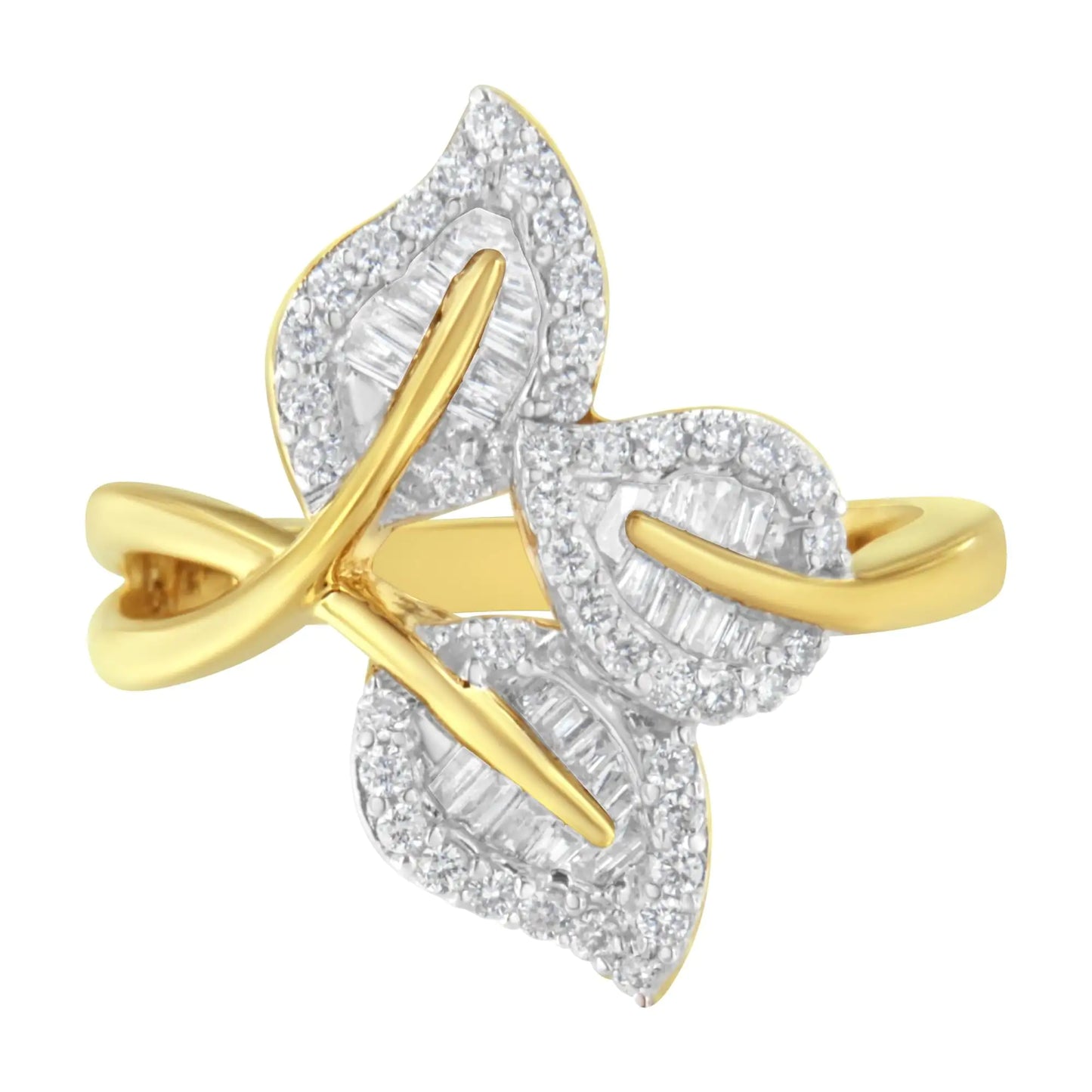 18K Yellow and White Gold Plated .925 Sterling Silver 3/8 Cttw Baguette and Round Diamond Bypass Triple Leaf Ring (I-J Color, I1-I2 Clarity)