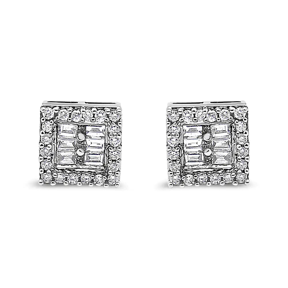 14K White Gold 1 cttw Round and Baguette Diamond Stud Earrings (H-I, SI1-SI2)