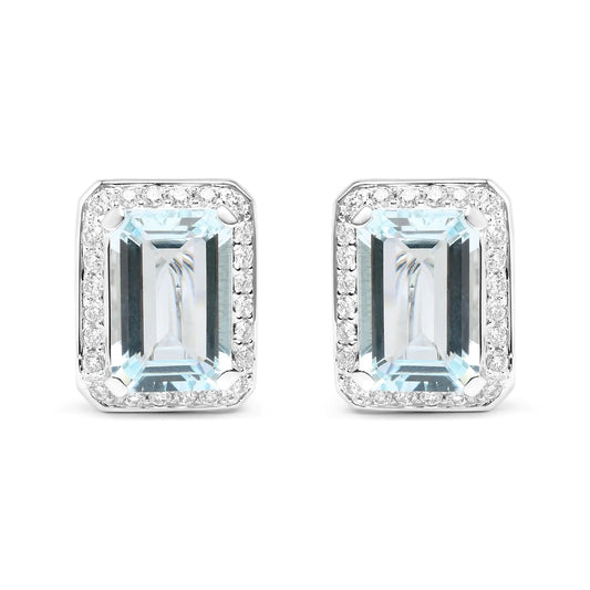 18K White Gold 3/4 Cttw Round Diamond and 13x9mm Emerald Cut Blue Aquamarine Gemstone Halo Omega Stud Earrings (G-H Color, SI1-SI2 Clarity)