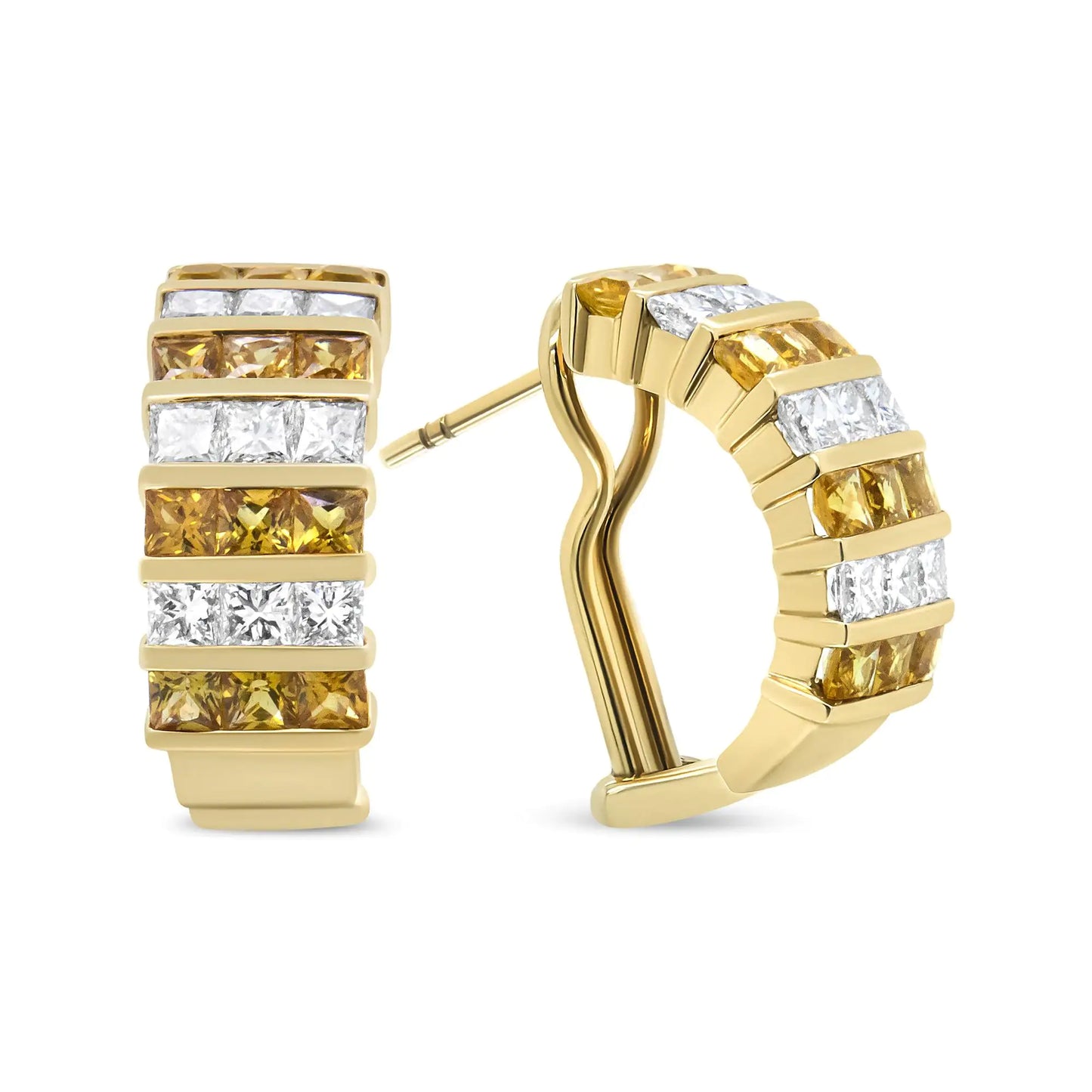 18K Yellow Gold 1 3/4 Cttw Invisible Set Princess Cut Diamond and 2.5mm Yellow Sapphire Huggie Hoop Earrings (F-G Color, VS1-VS2 Clarity)