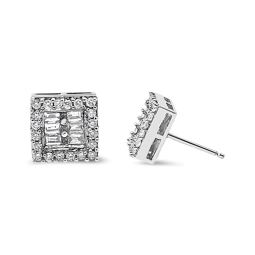 14K White Gold 1 cttw Round and Baguette Diamond Stud Earrings (H-I, SI1-SI2)